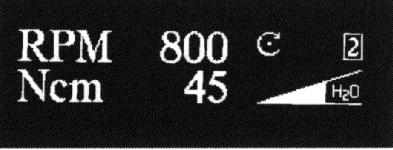 18 Et typisk eksempel på en trin 2 displayvisning er vist i Fig. 6. hastighed = 800 rpm moment = 45 Ncm drejeretn. = højreløb/med uret skylning = ca.