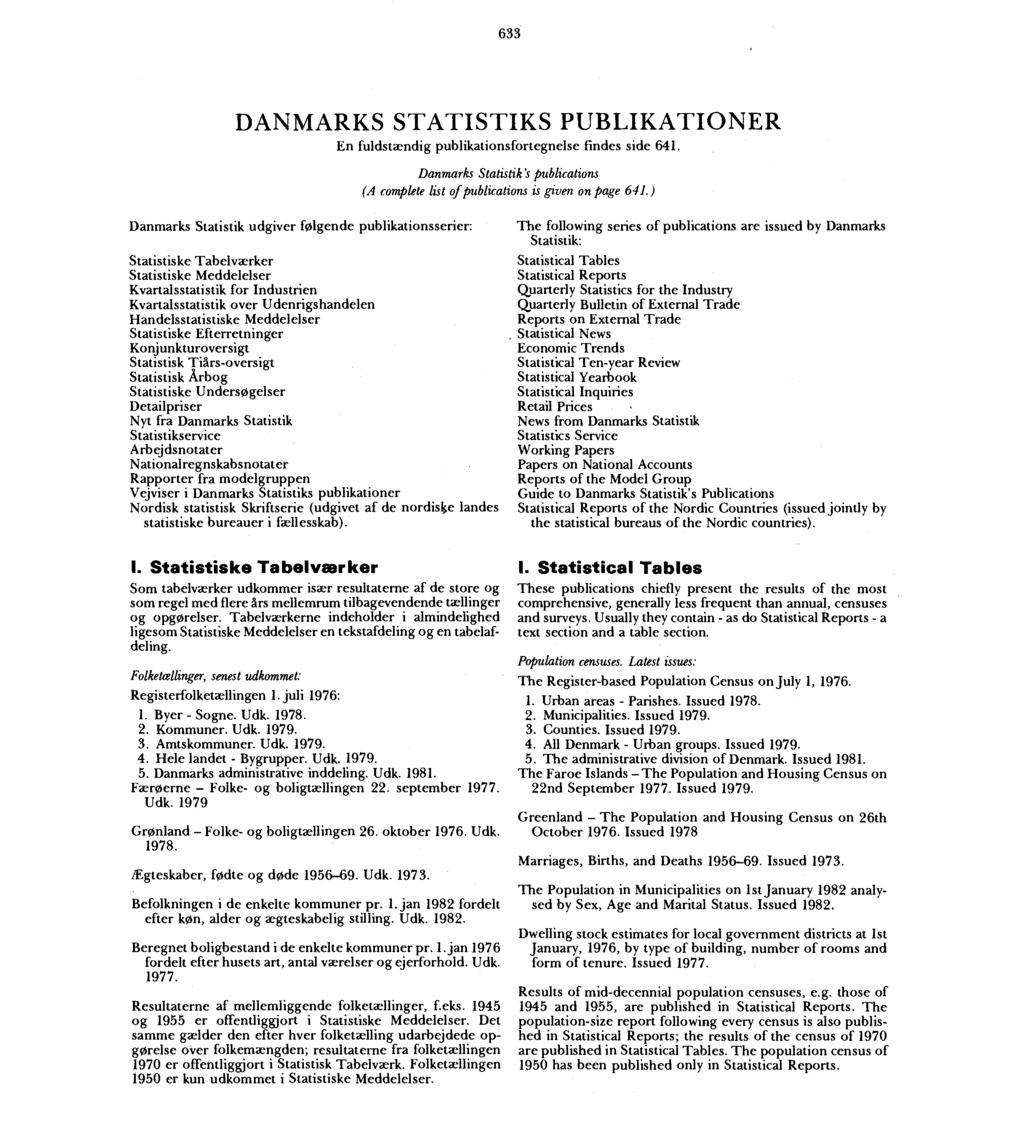 633 DANMARKS STATISTIKS PUBLIKATIONER En fuldstændig publikationsfortegnelse findes side 641. Danmarks Statistik 's publications (A complete list of publications is given on page 641.