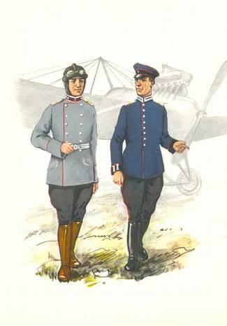 Officerer fra Flieger-Bataillon Nr. 2, 1914. Fra en serie nyere postkort med titlen Uniformen der Lufttruppen 1884 bis 1918, udgivet af Verlag Fr. A. Wilhelm Jurke, Bad Neuheim, ca. 1970.