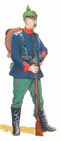 Soldat fra Landwehr-Infanterie-Regiment Nr. 119, august 1914. Tegnet af Bryan Fosten. Fra Kilde 3.