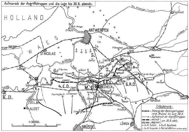 Kortskitse 1: Situationen pr. 30. september 1914. Fra Kilde 1. III. Reserve-Korps (General Hans von Beseler) 5.