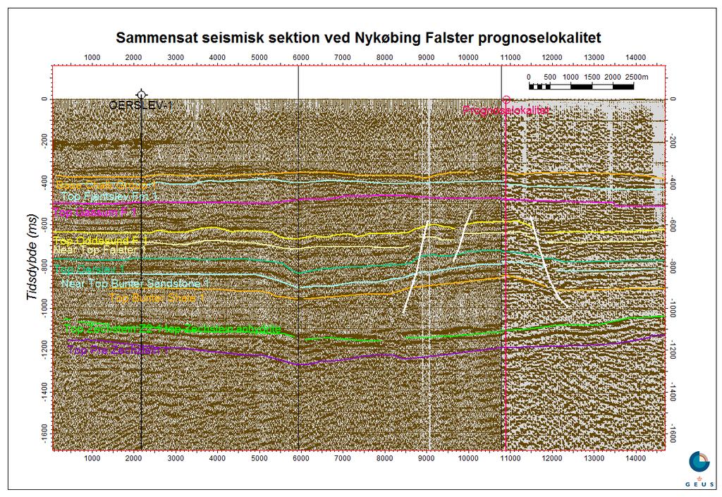 Sammensat seismisk sektion ved Nykøbing Falster prognoselokalitet 1000 2000 3000 4000 5000 6000 7000 8000 9000 10000 11000 12000 13000 14000 1000 2000 3000 4000 5000 6000 7000 8000 9000 10000 11000
