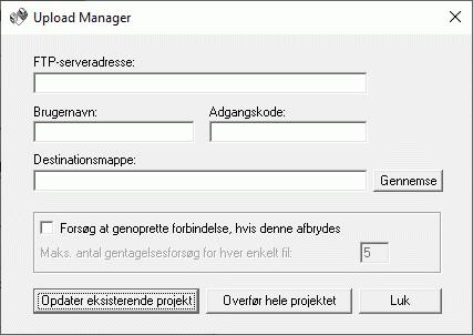 Når eksporten er fuldført, vises følgende dialogboks: Åbn FTP Upload Manager ved at klikke på Overfør med FTP. Dialogboksen Upload Manager åbnes.