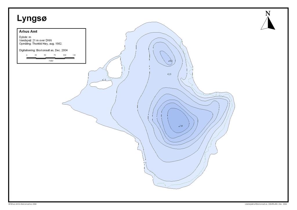 Tabel 2.1: Morfometriske data for Lyngsø Søareal Maksimumdybde Middeldybde 9,7 ha 7,6 m 2,4 m Volumen 231.