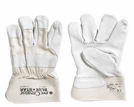 OKSEHUDS HANDSKE Hvid oksehuds handske i topkvalitet af udsøgt læder, med canvas overhånd og gummieret manchet. Handsken har ubrudt håndflade og tommel- og pegefinger helt i skind.