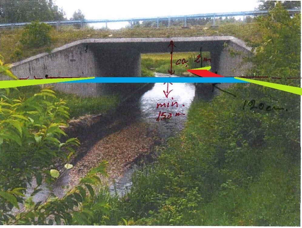 Bilag 2 Tegning af konstruktionen - Den blå markering viser broen der skal krydse vandløbet.