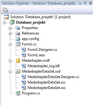 Din database er dog tom. Vi skal have tilføjet en tabel. Højre klik på Medarbejder.mdf. Vælg Open i menuen. Du ser nu Database Explorer: Højre klik på Tables og vælg Add New Table i menuen.