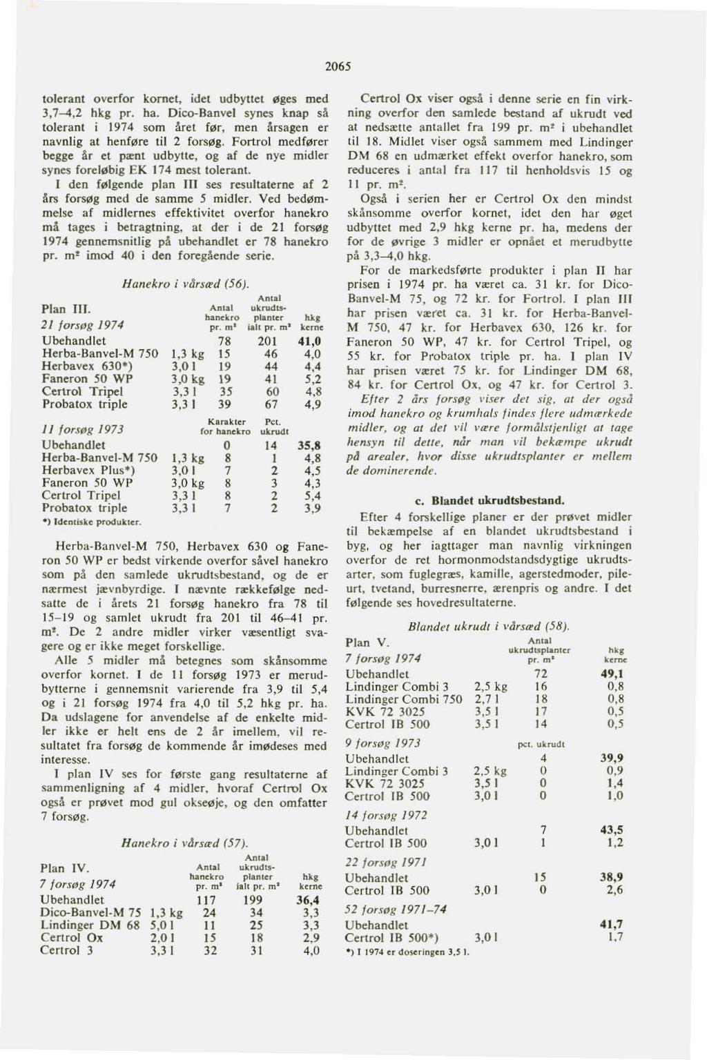 065 tolerant overfor komet, idet udbyttet øges med,7-4, hkg pr. ba. OiccrBanvel synes knap så tolerant i 1974 som året før, men årsagen er navnlig at henføre til forsøg.
