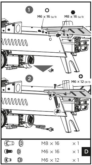 Loosen the bolt in the bottom of the left side of the machine s blade and insert the open part of the support 1F on the bolt and then tighten the bolt.
