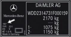Farvekoden for nyere Mercedes Benz modeller findes på typeskiltet på førersidens B-søjle.