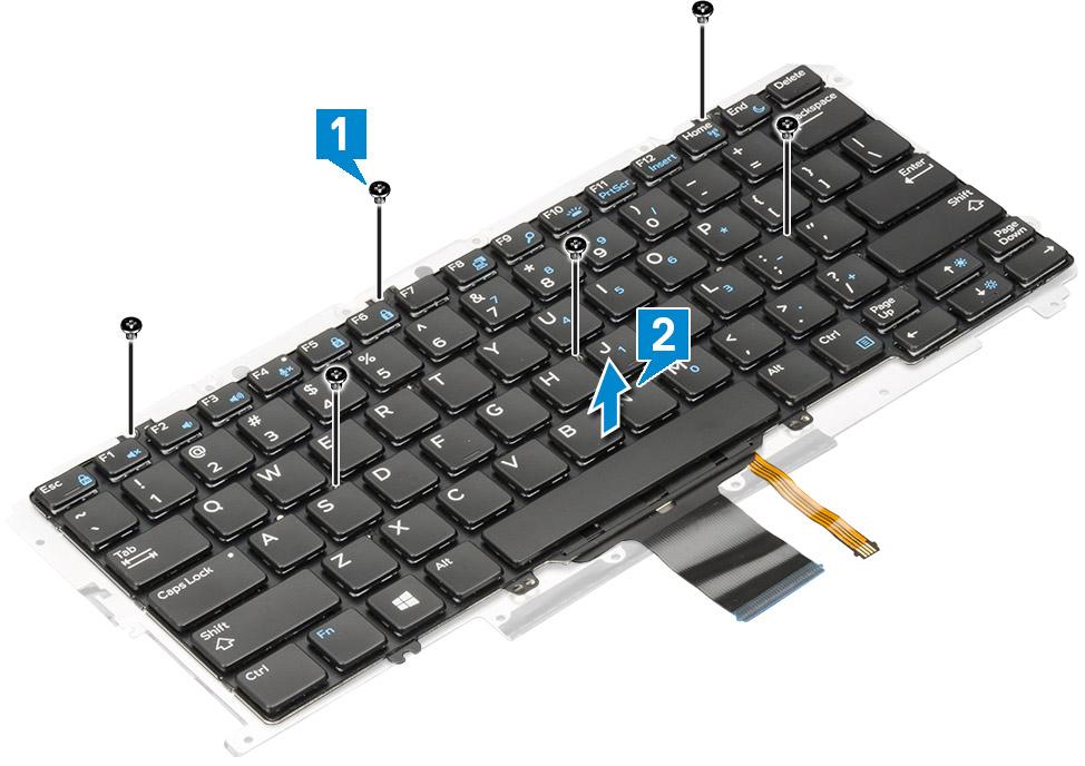 Sådan monteres tastaturet i tastaturbakken 1 Ret tastaturet ind med skrueholderne på tastaturbakken. 2 Spænd de 6 skruer (M2,0 x 2,0) for at <fastgøre tastaturet til tastaturbakken.