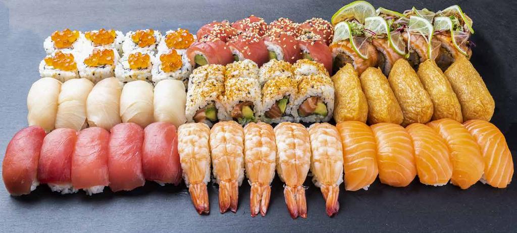 5 Tun/Tuna 5 Laks/Salmon 5 Hamachi/Kingfish 5 Sushi Ebi/Prawns 5 Inari/Tofu Maki: 32 Stk. /Pcs.