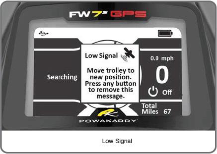Lavt signal: I nogle omstændigheder vil din FW7s GPS måske have lavt GPS signal under opstarten eller runden, en meddelelse vil vises i display for at indikere dette.