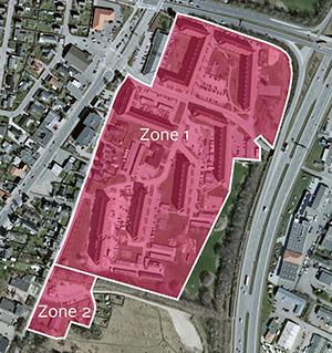 bevaret. Zone 2 er et tilstødende areal, hvor der også tillades opførelse af etageboliger. For den ny etagebebyggelse er der ikke krav om at de får samme udtryk som bebyggelse i zone 1.