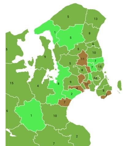 3/7 Geografiske udfordringer er størst i Region Sjælland Ved at fremregne den nuværende aldersfordeling for de praktiserende læger til årene 2025 og 2030 kan de kommuner og landsdele, hvor der i de