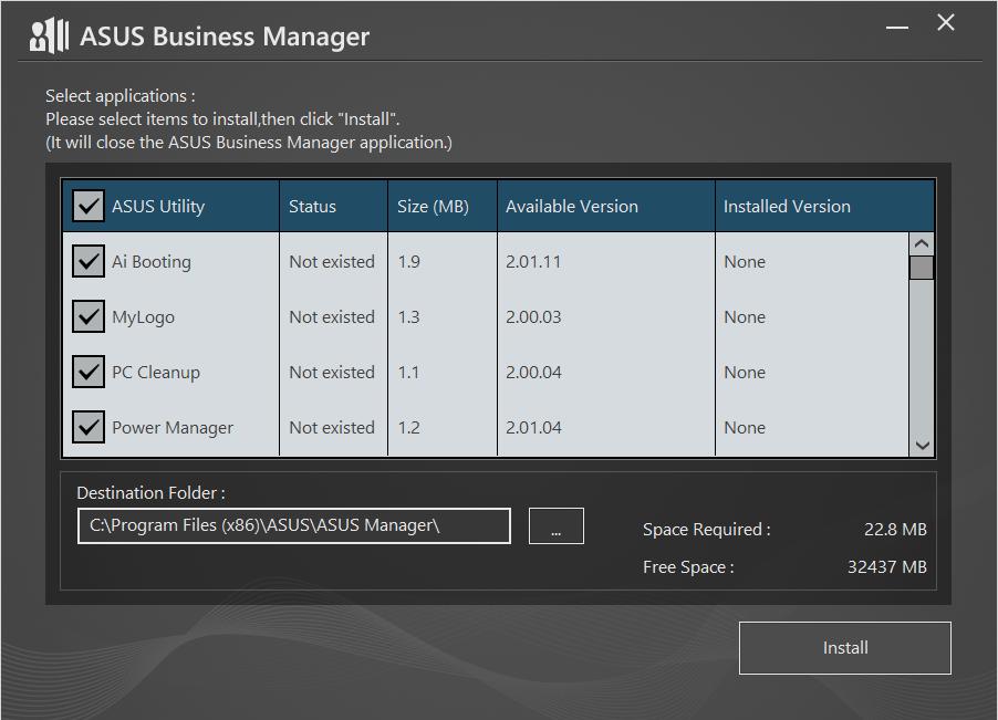 3. I opsætningsskærmen til ASUS Manager, skal du vælge programmerne, du ønsker at installere. 4.
