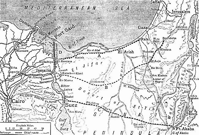 Kort 1: Den tyrkiske fremmarch over Sinaihalvøen, januar 1915. Fra FirstWorldWar.com.