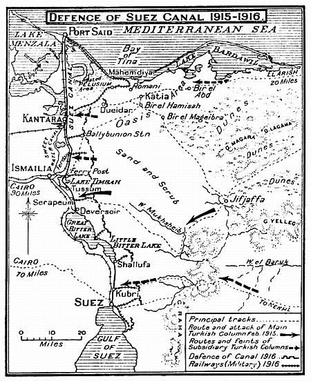 Kort 2. Operationerne ved Suezkanalen i 1915-16. Fra Kilde 8. Hovedangrebet blev sat ind mod Tussum og med mindre afledningsmanøvrer mod nord og syd.