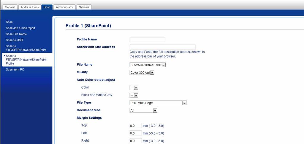 Scanning ved hjælp af kontrolpanelet Konfigurer en Scan til SharePoint-profil 7 1 Klik på fanen Scan (Scanning).