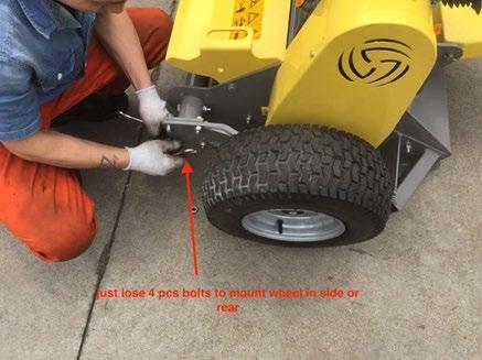 Change the wheels positioning Remove the four bolts and turn the bolts, as shown: General inspection Inspect the flail mower to ensure that all of the joints are tightened and that all safety guards