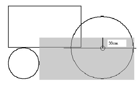 Figur 10. Den grå firkant: Mellem bagkant af fordækket og bagkant af bagdækket og max 30 cm over centerlinjen af bagakslen. Beslaget, som vægtklodserne hænger i, må gerne gå udenfor den grå firkant.