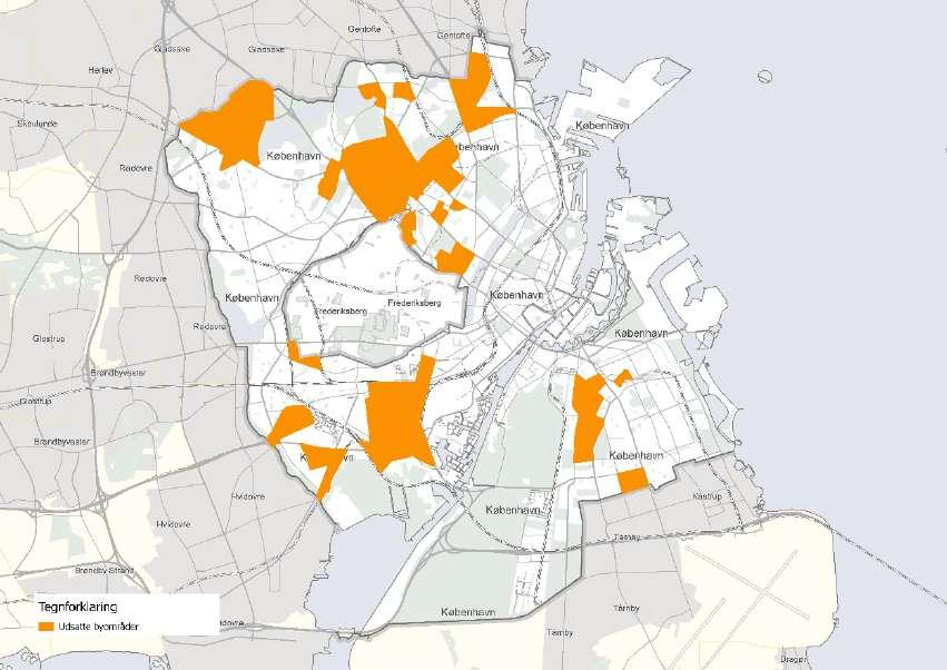 Figur 26: Oversigt over udsatte byområder i København Figur 24. viser Københavns Kommunes byudviklingsområder som beskrevet i kommuneplan 2015 og de udpegende områder.