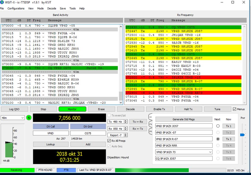 WSJT-X FT8DX QSO med VP6D En typisk qso ser ud som på ovenstående billede. Fox kalder CQ på 1 eller flere kanaler. Alle Hounds svarer FOX på forskellige Slot. VP6D brugte som oftest 2.