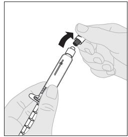 hætteglasset. 7. Sæt stempelstangen (C) på sprøjten med solvens ved at sætte spidsen af stempelstangen ind i åbningen på stemplet.