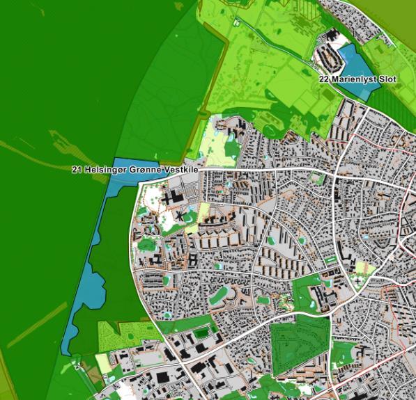21. Helsingør Grønne Vestkile Geografisk placering: Beliggende i det vestlige Helsingør. Beskrivelse: Dele af Helsingør Grønne Vestkile.