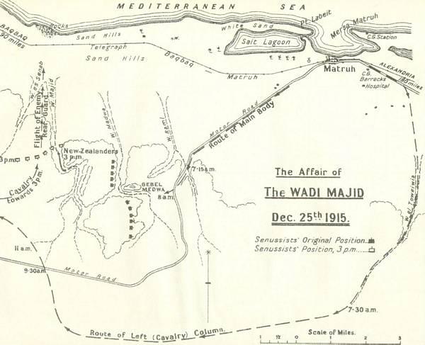 Træfningen ved Wadi Majid (25. december 1915) Senussiernes enheder koncentreres atter mod Mersa Matruh og på baggrund af luftrekognoscering anslås den fjendtlige styrke til at bestå af ca. 5.