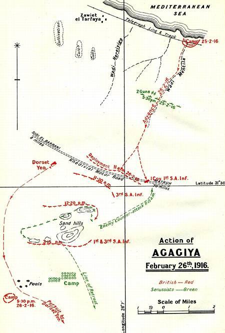 Kort 6: Træfningen ved Agagiya, 26. februar 1916. Fra Kilde 1. Dorset Yeomanry's angreb er indgående beskrevet på hjemmesiden Queen's Own Dorset Yeomanry - The Western Desert (Kilde 13).
