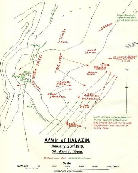 Kort 5: Træfningen ved Halazin, 23. januar 1916. Fra Kilde 1.
