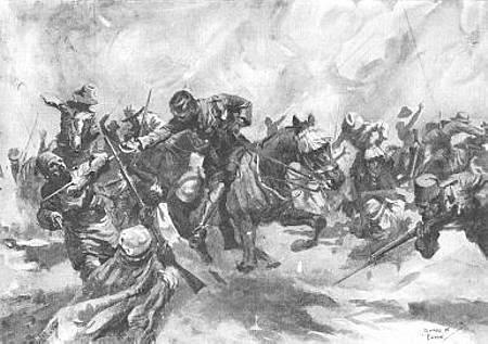 Dorset Yeomanry angriber senussierne ved Agagiya, 26. februar 1916. Efter maleri af Lady Butler; gengivelsen er fundet på Internettet.