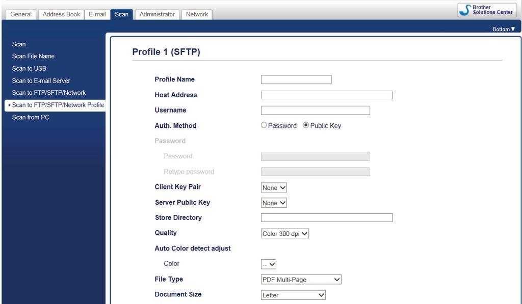 Hjem > Scan (Scanning) > Scanning med knappen Scan på Brother-maskinen > Scan til SFTP > Konfiguration af en scanning til SFTP-profil Konfiguration af en scanning til SFTP-profil Relaterede modeller: