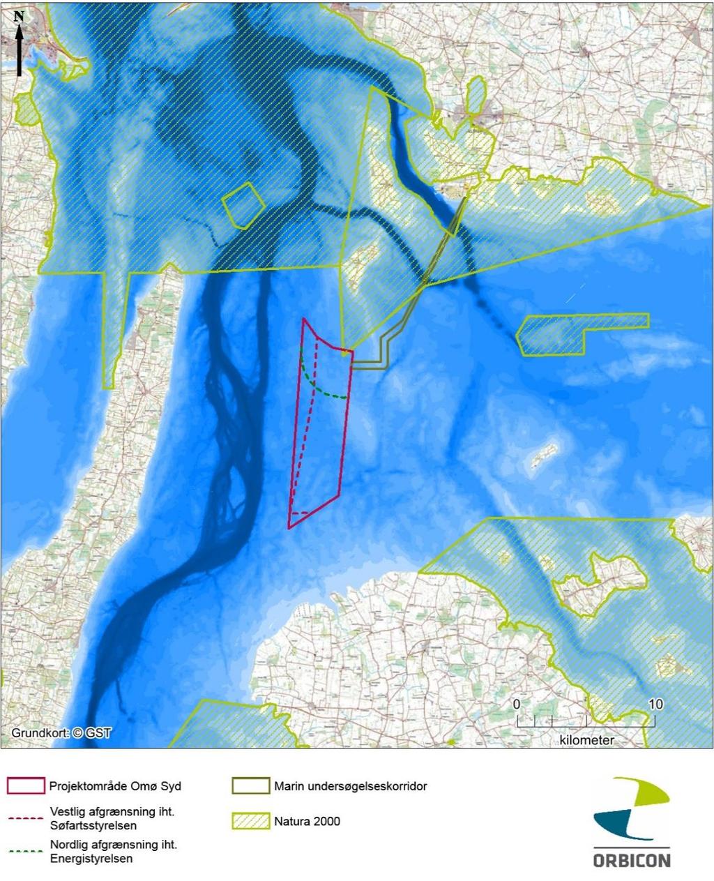 Figur 3.2.1 Oversigtskort med forundersøgelsesområde for Omø Syd kystnær Havmøllepark samt den reviderede vestlige afgrænsning jf. Søfartsstyrelsen og revideret nordlige afgrænsning jf.