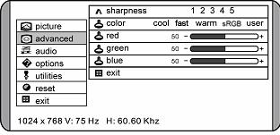 Advanced (Ill.: OSD-Menuen - advanced) sharpness Kontroller billedets skarphed (kun ved en opløsning på mindre end 1280x1024). color Vælg den almene farvetone: user, natural, warm eller cool.