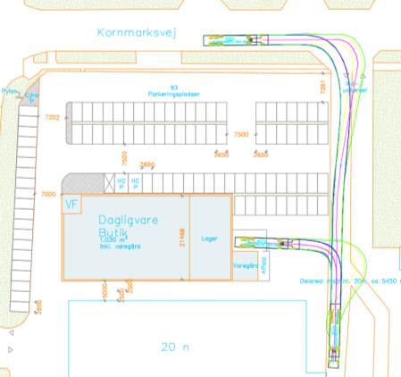 6 Arealbehov for sættevogntog ved varelevering Den nye dagligvarebutik forsynes med nye varer med sættevognstog. Adgang til varegården er fra Kornmarksvej.