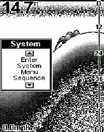 Dybtvandsalarm Dybtvandsalarmen indstilles på samme måde som ovenfor. System Setup Man kan indstille skærmen på forskellige måder. Tryk på en menutast indtil "System Setup" dukker op.