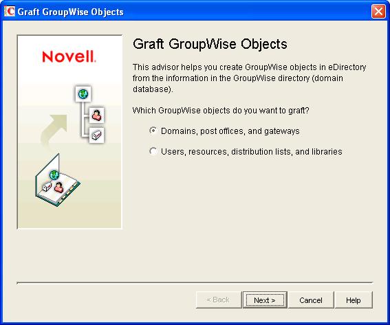 5.16.1 Graft GroupWise Objects You can use the Graft GroupWise Objects utility to create GroupWise objects in the edirectory tree from the information in your GroupWise domain database.