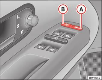 88 Åbning og lukning Centrallåskontakt Med centrallåskontakten i førerdøren kan bilen låses og låses op indefra.