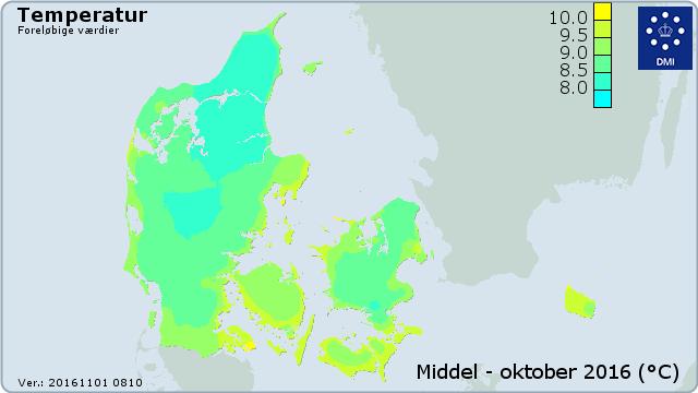 Vejret i Danmark - oktober 2016 Solfattigere, koldere og tørrere i forhold til perioden 2006-2015. Solfattigste oktober siden 2001. Første frost 24. oktober. Vi skal 10 år tilbage for at finde en senere første nattefrost.