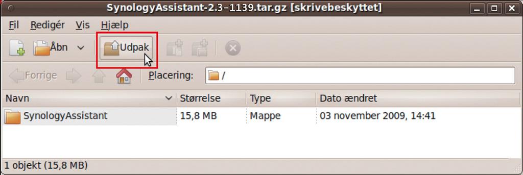 3 I det filbrowservindue, der vises, skal du dobbeltklikke på mappen Linux og derefter dobbeltklikke på Synology Assistant-3.0-[nummer].tar.gz.