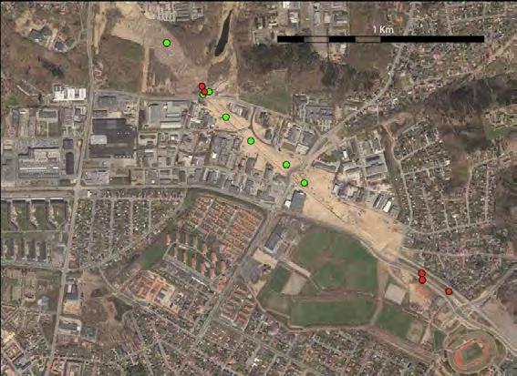 Figur 1. Oversigt over de beskrevne lokaliteter. De grønne prikker markerer lokaliteter besøgt 30. og 31.