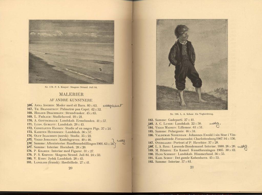 Nr. 179. P. S. Krøyer: Skagens Strand. Juli 84. MALERIER AF ANDRE KUNSTNERE A n na A n c h e r : Moder med sit Barn. 80x63. 167. T h. B h a n d s t h u p: Palmetræ paa Capri. 42 X52. 168.