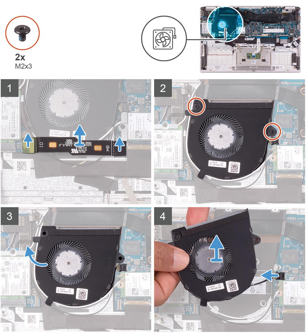 Følgende billede angiver placeringen af blæseren og giver en visuel fremstilling af fjernelsesproceduren. 1 Frakobl I/O-kortkablet fra systemkortet og I/O-kortet.