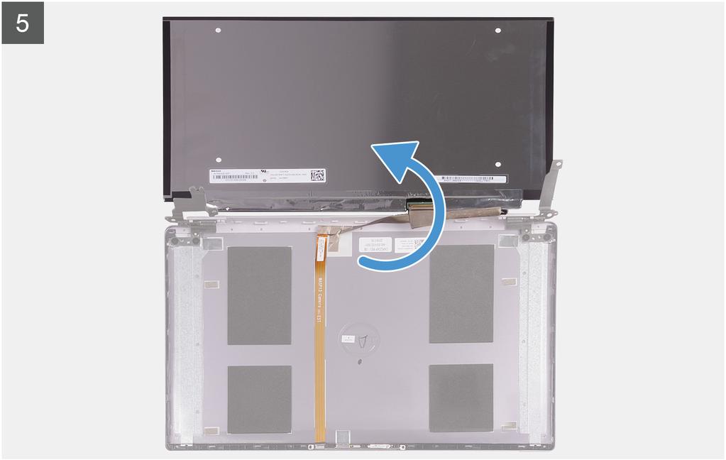 1 Brug en plastiksyl til at skubbe trækfligen ud af stræktapen fra begge sider af skærmpanelet. 2 Træk en lille del af stræktapen ud.