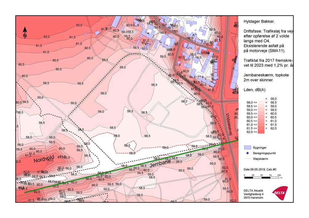 Figur 2. Støjniveauet for støjen på Hyldagergrunden i 2023 Når støjniveauet overgår 58 db, kræver planlægning for boliger på grunden, jf.