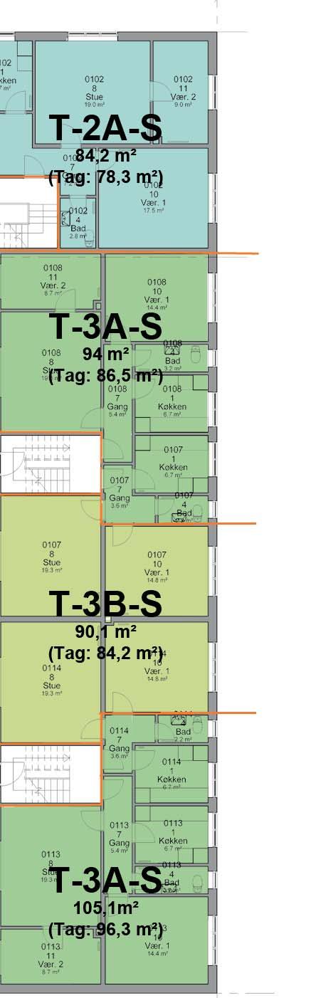 3-værelses (90,1 m² / 84,2 m²) Type T-2A-S 4 stk. 2-værelses (84,2 m² / 78,3 m²) Type T-2C-S 4 stk.