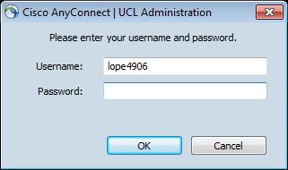 3 Indtast UCL brugernavn og adgangskode. Klik OK. 4 Der popper dette vindue op, og der kommer et lille Cisco-ikon med en hængelås nederst til højre i proceslinjen (klik evt.