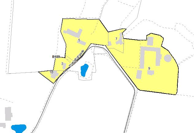 Figur 1: Tillægget omfatter det gule område (opland B189). Området planlægges til spildevandskloakering. 5 Beregningsforudsætninger 5.1 Spildevand Belastningsgrundlag: 0,0046 l/s pr.
